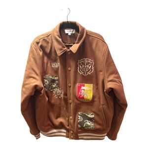 THRT Brown Wool Blend Varsity Jacket with Embroidered Patch